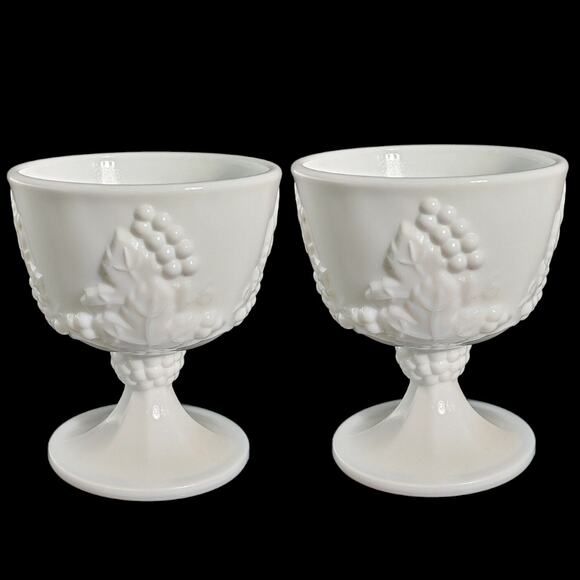 Vintage  pair White Milk Glass Harvest Grape Footed Goblet Sherbet Milk Cup EUC - Picture 1 of 1